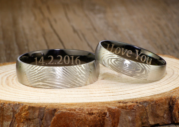 Your Actual Finger Print Rings, WEDDING RING -- Personalized Matt Two Tone Black Wedding Titanium Rings Set