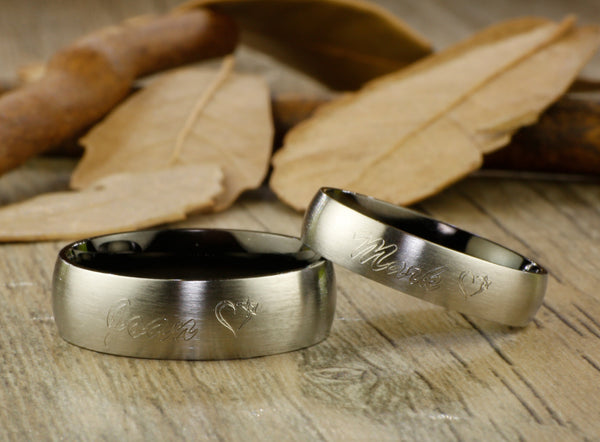 Handmade Black Dome Matte Wedding Bands, Couple Rings Set, Titanium Rings Set, Anniversary Rings Set - jringstudio