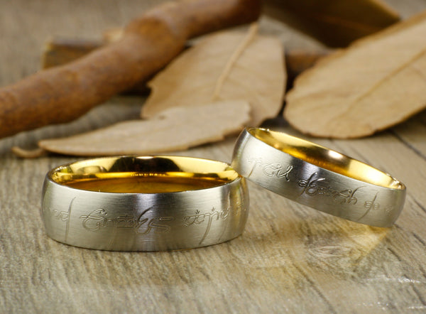 Handmade Gold Dome shape Custom Your words in Elvish Tengwar, Lord of the Rings,  Matching Wedding Bands, Couple Rings Set, Titanium Anniversary Rings Set