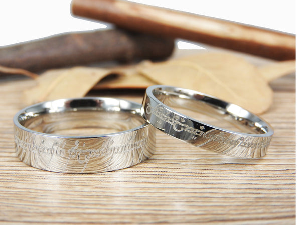 Handmade Silver Flat Polish Custom Your words in Elvish, Lord of the Rings , Matching Wedding Bands, Couple Rings Set, Titanium Rings Set, Anniversary Rings Set