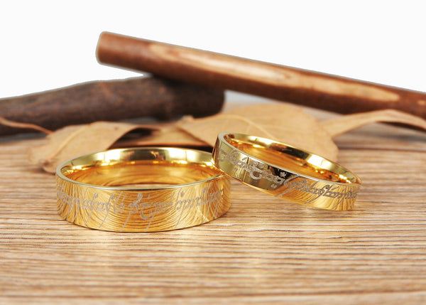 Handmade Gold Flat Polish Custom Your words in Elvish, Lord of the Rings , Matching Wedding Bands, Couple Rings Set, Titanium Rings Set, Anniversary Rings Set
