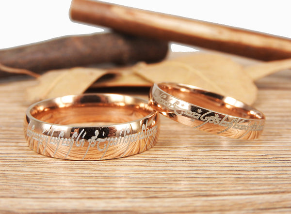 Handmade Rose Gold Dome Shape Custom Your words in Elvish, Lord of the Rings , Matching Wedding Bands, Couple Rings Set, Titanium Rings Set, Anniversary Rings Set