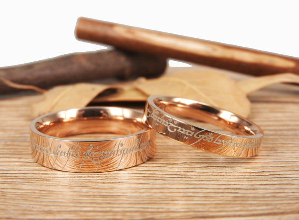 Handmade Rose Gold Flat Polish Custom Your words in Elvish, Lord of the Rings , Matching Wedding Bands, Couple Rings Set, Titanium Rings Set, Anniversary Rings Set