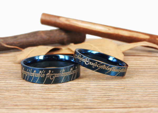 Handmade Blue Flat Polish Custom Your words in Elvish, Lord of the Rings , Matching Wedding Bands, Couple Rings Set, Titanium Rings Set, Anniversary Rings Set - jringstudio