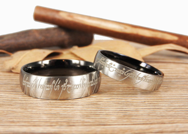 Handmade Two Tone Dome Shape Custom Your words in Elvish, Lord of the Rings , Matching Wedding Bands, Couple Rings Set, Titanium Rings Set, Anniversary Rings Set