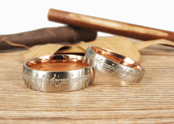 Handmade Two Tone Dome Shape Custom Your words in Elvish, Lord of the Rings , Matching Wedding Bands, Couple Rings Set, Titanium Rings Set, Anniversary Rings Set