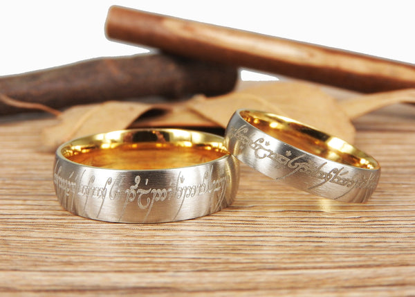 Handmade Two Tone Dome Shape Custom Your words in Elvish, Lord of the Rings , Matching Wedding Bands, Couple Rings Set, Titanium Rings Set, Anniversary Rings Set