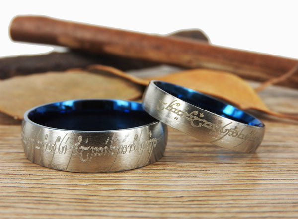 Handmade Two Tone Dome Shape Custom Your words in Elvish, Lord of the Rings , Matching Wedding Bands, Couple Rings Set, Titanium Rings Set, Anniversary Rings Set