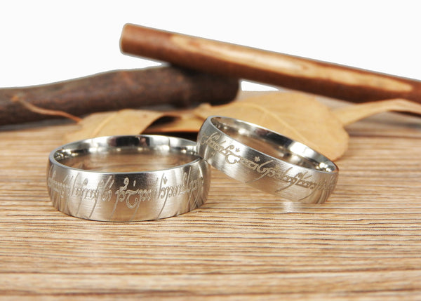 Handmade Silver Dome Shape Custom Your words in Elvish, Lord of the Rings , Matching Wedding Bands, Couple Rings Set, Titanium Rings Set, Anniversary Rings Set