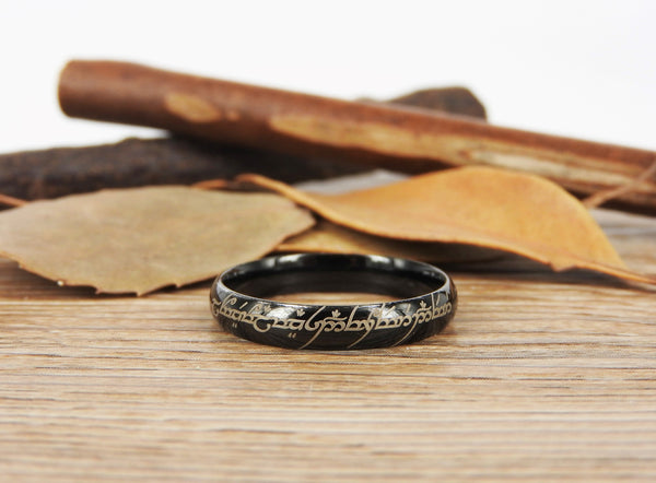 Handmade Black Dome shape Custom Your words in Elvish, Lord of the Rings , Matching Wedding Bands, Couple Rings, Titanium Rings, Anniversary Rings - jringstudio