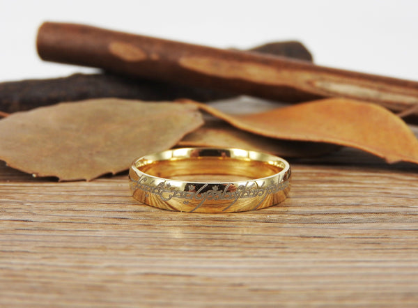 Handmade Gold Filled Dome Custom Your words in Elvish Tengwar, Wedding Bands, Couple Ring, Titanium Anniversary Ring