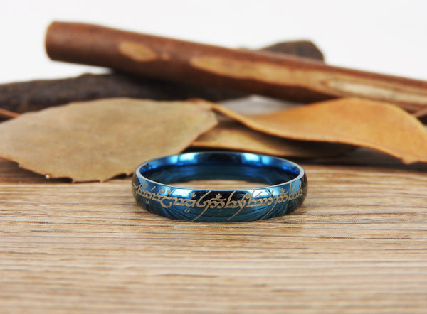 Handmade Blue Dome shape Custom Your words in Elvish, Lord of the Rings , Matching Wedding Bands, Couple Rings, Titanium Rings, Anniversary Rings - jringstudio