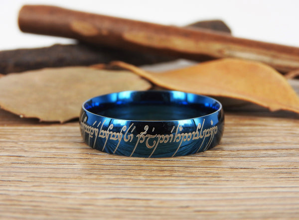 Handmade Blue Dome shape Custom Your words in Elvish, Lord of the Rings , Matching Wedding Bands, Couple Rings, Titanium Rings, Anniversary Rings - jringstudio