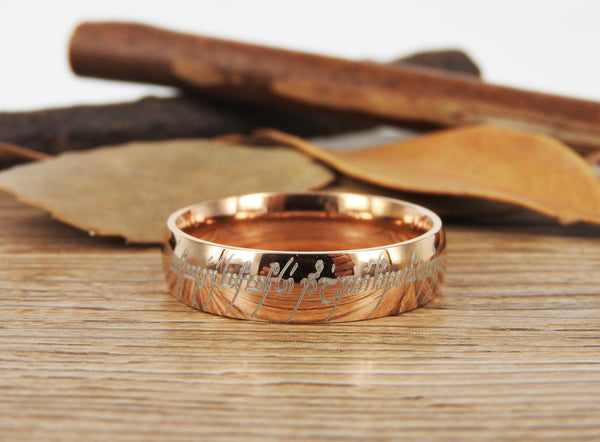 Handmade Rose Gold Filled Dome Custom Your words in Elvish Tengwar, Wedding Bands, Couple Ring, Titanium Anniversary Ring