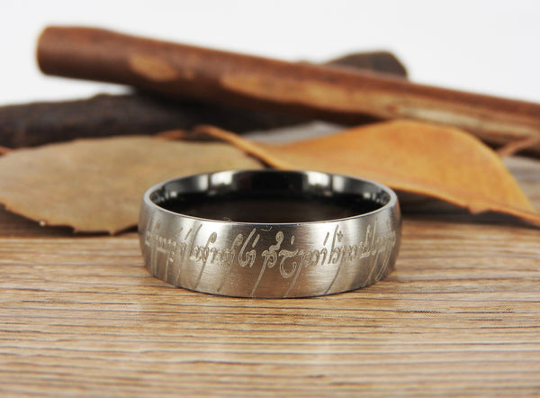 Handmade Two Tone Dome shape Custom Your words in Elvish, Lord of the Rings , Matching Wedding Bands, Couple Rings, Titanium Rings, Anniversary Rings