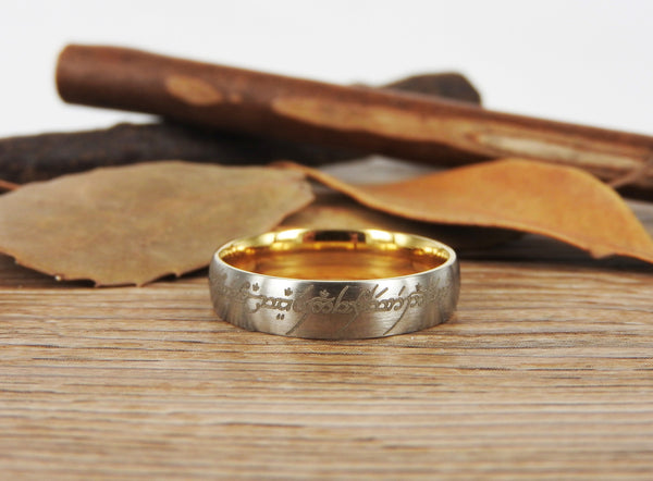 Handmade Two Tone Dome shape Custom Your words in Elvish, Lord of the Rings , Matching Wedding Bands, Couple Rings, Titanium Rings, Anniversary Rings