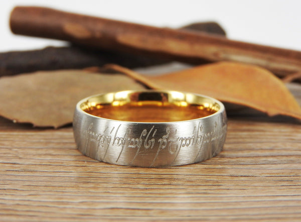 Handmade Two Tone Dome shape Custom Your words in Elvish, Lord of the Rings , Matching Wedding Bands, Couple Rings, Titanium Rings, Anniversary Rings