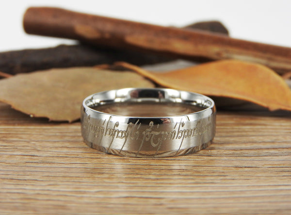 Handmade Dome shape Custom Your words in Elvish Tengwar, Lord of the Rings, Wedding Bands, Couple Ring, Titanium Ring  Anniversary Ring - jringstudio