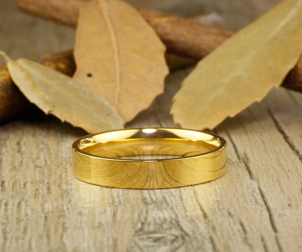 Handmade Gold Flat Plain Matching Wedding Bands, Couple Rings Set, Titanium Rings Set, Anniversary Rings