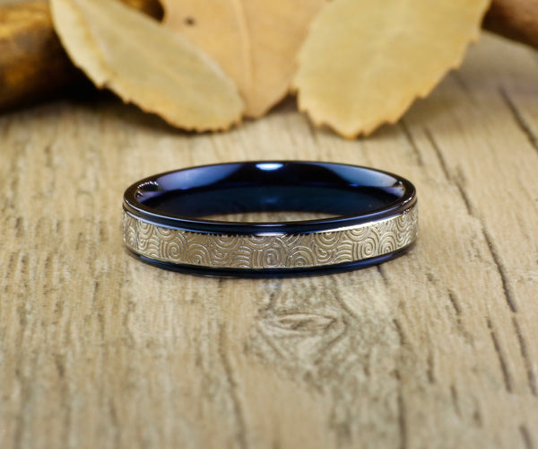 Unique Blue Wedding Bands, Couple Rings Set, Titanium Rings Set, Anniversary Rings Set