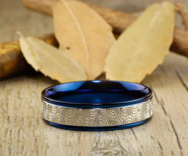 Unique Blue Wedding Bands, Couple Rings Set, Titanium Rings Set, Anniversary Rings Set