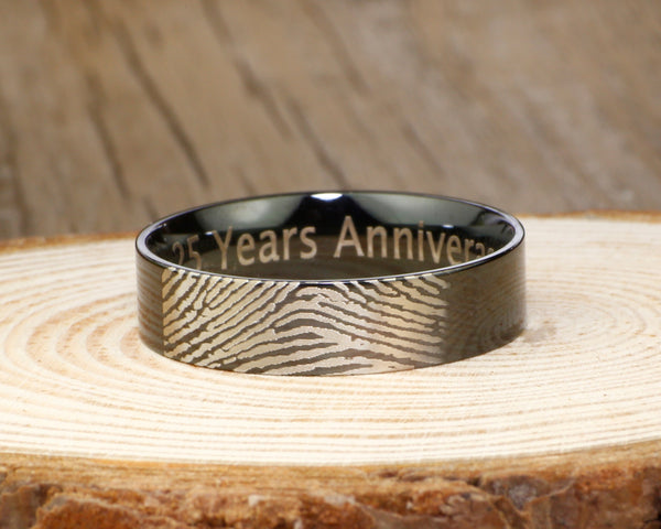 Your Actual Finger Print Rings, WEDDING RING - Black Titanium Rings 6mm