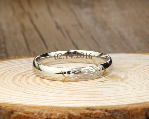 Your Actual Finger Print Rings, Personalize Wedding Engagement Silver Titanium Couple Ring 4mm