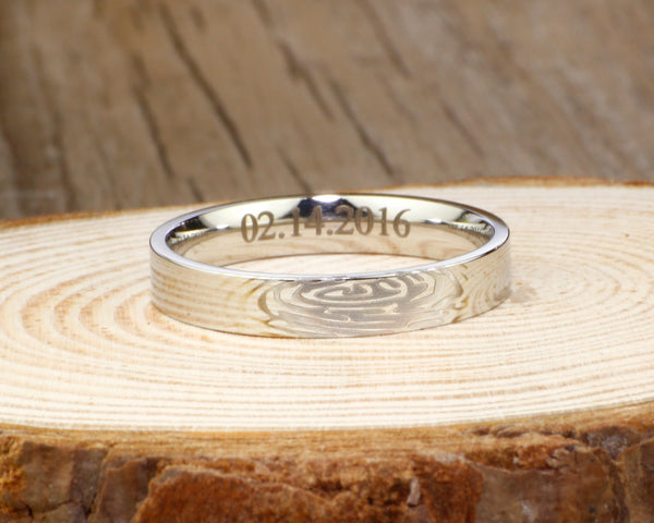 Your Actual Finger Print Rings, WEDDING RING - White Gold Tone Titanium Rings 4mm