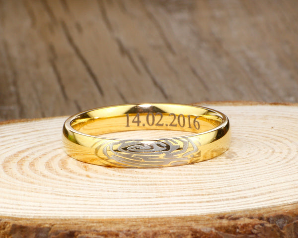 Your Actual Finger Print Rings, Handmade 18K Gold Wedding Anniversary Ring 4mm