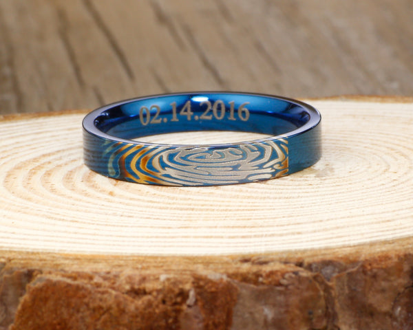 Your Actual Finger Print Rings, WEDDING RING - Blue Titanium Rings 4mm