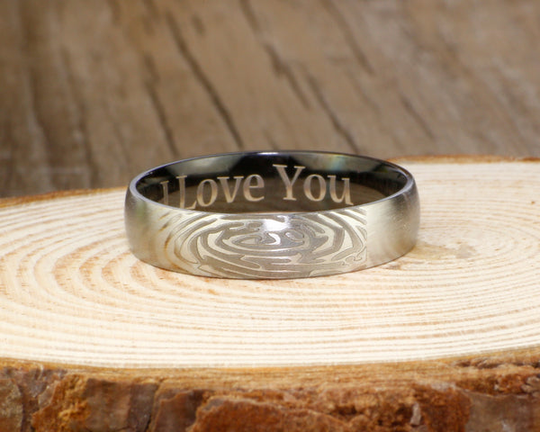 Your Actual Finger Print Rings, Handmade Women Dome RINGS - Two Tone Black Titanium Rings 5mm