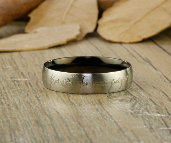 Handmade Black Dome shape Custom Your words in Elvish, Lord of the Rings,  Matching Wedding Bands, Couple Rings Set, Titanium Rings Set, Anniversary Rings Set - jringstudio