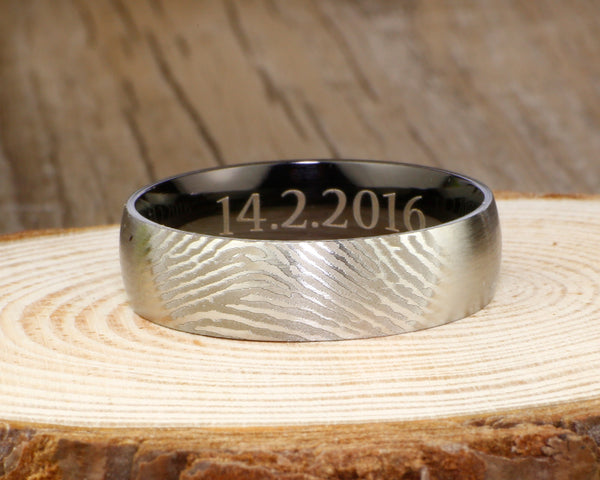 Your Actual Finger Print Rings, WEDDING RING -- Personalized Matt Two Tone Black Wedding Titanium Rings Set