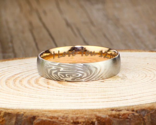 Your Actual Finger Print Rings, WEDDING RING - Personalized Matt Two Tone Rose Gold Wedding Titanium Rings Set