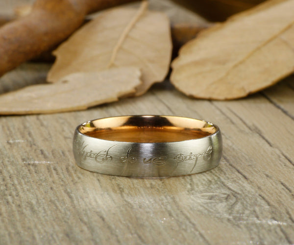 Rose Gold Dome Custom Your words in Elvish Tengwar, Lord of the Rings, Matching Wedding Bands, Couple Rings Set, Titanium Rings Set, Anniversary Rings Set