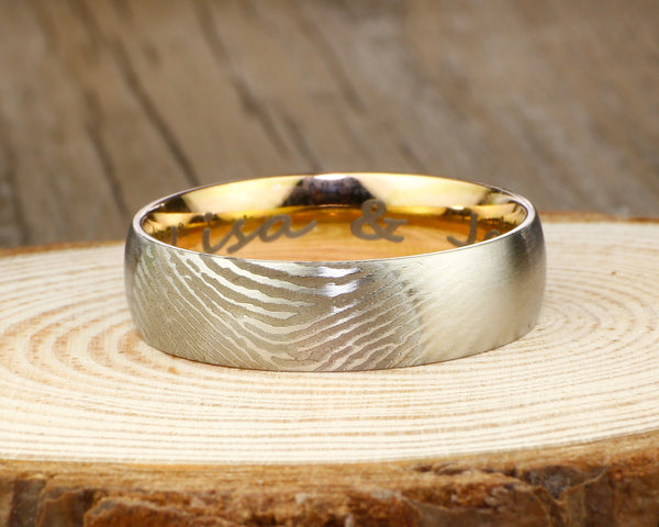 Your Actual Finger Print Rings, WEDDING RING - Personalized Matt Two Tone Rose Gold Wedding Titanium Rings Set