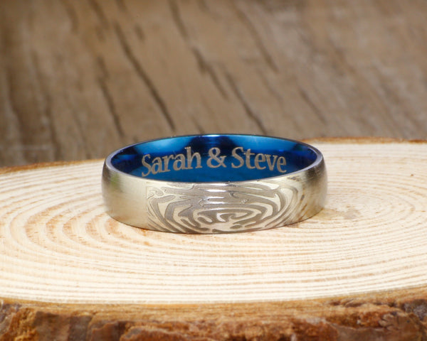 Your Actual Finger Print Rings, His and Her Rings, WEDDING RING -- Personalized Matt Two Tone Blue Wedding Titanium Rings Set