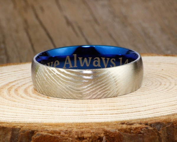 Your Actual Finger Print Rings, His and Her Rings, WEDDING RING -- Personalized Matt Two Tone Blue Wedding Titanium Rings Set