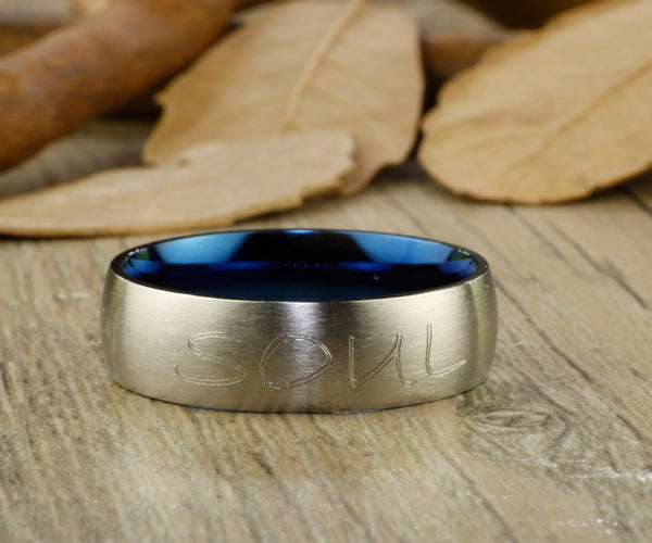 Handmade Blue Dome shape Custom Your words in Elvish, Lord of the Rings,  Matching Wedding Bands, Couple Rings Set, Titanium Rings Set, Anniversary Rings Set - jringstudio