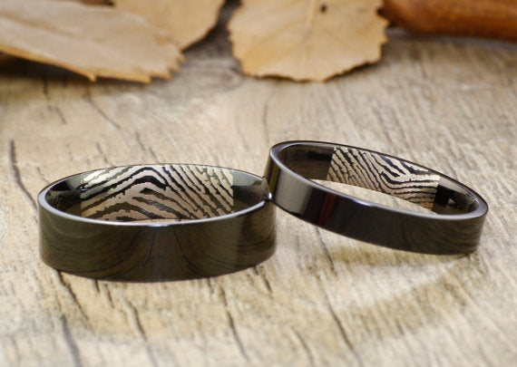 Your Actual Finger Print Rings, His and Her Promise Rings - Black Wedding Titanium Rings Set