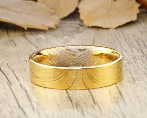 Your Actual Finger Print Rings, Handmade Gold Titanium Plain Finger Print Ring, Matching Wedding Band, Men Ring, Couple Ring,Titanium Ring