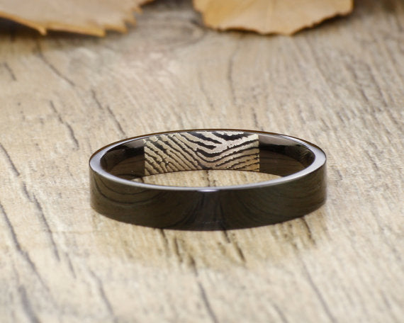 Your Actual Finger Print Rings, WEDDING RING - Women Ring, Black Titanium Rings 4mm