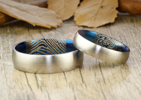 Your Actual Finger Print Rings Set, Handmade Blue Matte, His and Her Wedding Bands, Couple Rings Set, Titanium Anniversary Rings Set