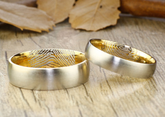 Your Actual Finger Print Rings, His and Her Rings, WEDDING RING - Personalized Matt Two Tone Gold Wedding Titanium Rings Set