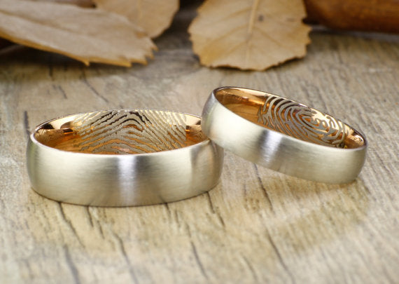 Your Actual Finger Print Rings, His and Her Rings, WEDDING RING - Personalized Matt Two Tone Rose Gold Wedding Titanium Rings Set