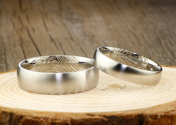 Your Actual Finger Print Rings, His and Her Rings, Personalized Matt Silver Wedding Titanium Rings Set