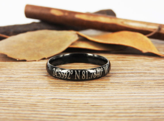Latitude Longitude Ring, Custom Coordinate Jewelry - Engraved Titanium Rings Set - Coordinates Rings