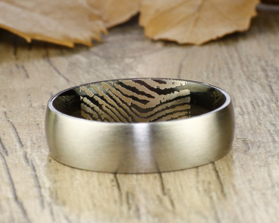 Your Actual Finger Print Rings, Handmade Men Dome RINGS - Two Tone Black Titanium Rings 7mm