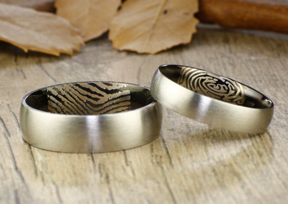 Your Actual Finger Print Rings, WEDDING RING - Personalized Matt Two Tone Black Wedding Titanium Rings Set