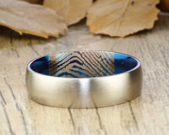 Your Actual Finger Print Rings, Handmade Men Dome RINGS - Two Tone Blue Titanium Ring 7mm
